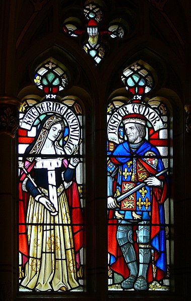 Katherine with her second husband Jasper Tudor on stained glass windows in Cardiff Castle