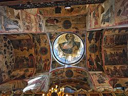 Example of the murals which decorate the cathedral's ceiling. Cathedral of the Annunciation Ceiling.jpg