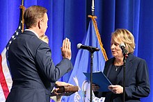 Lamont is sworn into his second term at the State Arsenal and Armony. Connecticut Governor Ned Lamont sworn in for his second term in Hartford (cropped).jpg