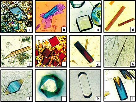Crystals grown by American scientists on the Russian Space Station Mir in 1995: (a) rhombohedral canavalin, (b) creatine kinase, (c) lysozyme, (d) beef catalase, (e) porcine alpha amylase, (f) fungal catalase, (g) myglobin, (h) concanavalin B, (i) thaumatin, (j) apoferritin, (k) satellite tobacco mosaic virus and (l) hexagonal canavalin.[2]