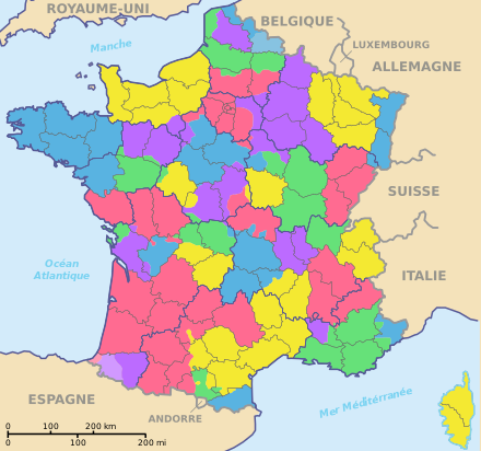 French provinces before 1790 (color) and today's departments (black borders)