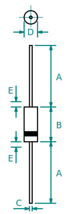 General form of the packages described by DO-204. Lead diameter is not controlled less than E from the body to allow for minor irregularities. DO-204 Dimensions.svg