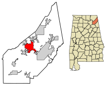 DeKalb County Alabama beépített és be nem épített területek Rainsville Highlighted 0163336.svg