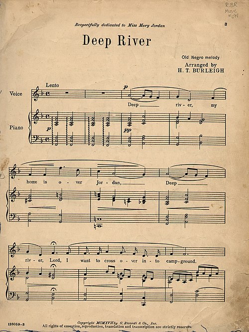 "Deep River, my home is over Jordan" The final spiritual in the oratorio, sheet music version 1917