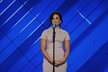 Demi Lovato appeared during the first night of the convention, raising awareness for mental health and delivering a live performance of "Confident". Demi Lovato at the Democratic National Convention, July 2016.jpg