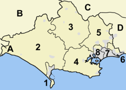 Map of Dorset's eight former districts. 1-6 were administered by Dorset County Council, but 7 and 8 were the unitary areas of Bournemouth and Poole, which were self-governed on local issues. Dorset districts.png