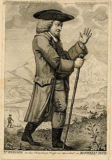 Whole length portrait of Samuel Johnson in his travelling dress as described in Boswell's The Journal of a Tour to the Hebrides. walking in a mountainous landscape. He walks with a tall stick; his left hand is held up as if declaiming. Behind and below him walks Boswell, a minute figure. Dr Johnson in his travelling dress as described in Boswells tour. (BM 1980,U.894).jpg