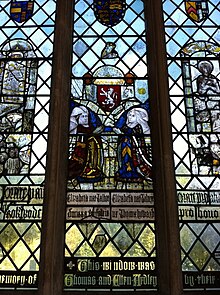 Right: Elizabeth Tilney, first wife of Thomas Howard, 2nd Duke of Norfolk. On her kirtle, she displays her paternal arms Azure a chevron between three griffin's heads erased or (Tilney) and on her mantle the quartered arms of Howard (1&4: Gules a bend between six cross crosslets fitchy argent (Howard); 2&3: grand quarterly first and fourth Brotherton second and third Mowbray). Below is inscribed in Latin: Elizabeta nat(a) Tilney ux(or) Thomae Howard ("Elizabeth born Tilney wife of Thomas Howard"). Left: Elizabeth Talbot de Mowbray, Duchess of Norfolk. Stained glass in Holy Trinity Church, Long Melford, Suffolk Duchess of Norfolk and Countess of Surrey.jpg