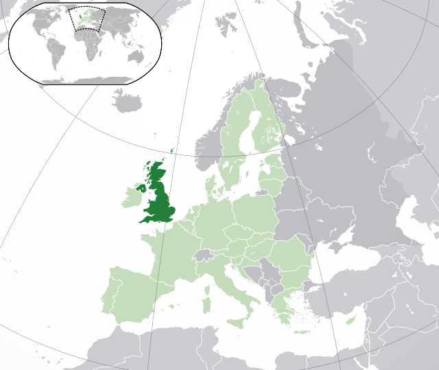 Location of ޔުނައިޓެޑް ކިންގްޑަމް (dark green)– in Europe (light green & dark grey)– in the European Union (light green)  –  [Legend]