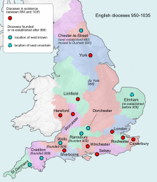 The Anglo-Saxon dioceses after 950 England diocese map post 950.svg
