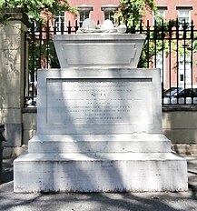 The Firemen's Memorial (1834), a marble sarcophagus commemorating two men of Eagle Fire Company #13 who died on their first day of duty when a building fell on them.[8]