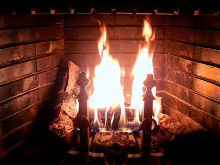Wood-burning fireplace with burning log