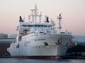 Submarine cables are laid using special cable layer ships, such as the modern Rene Descartes [fr], operated by Orange Marine. France Telecom Marine Rene Descartes p1150247.jpg