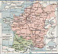 The Frankish Kingdom of Aquitaine (628). The capital of Aquitaine was Toulouse. It included Gascony and was the basis of the later Duchy of Aquitaine. Frankish kingdoms in 628.jpg