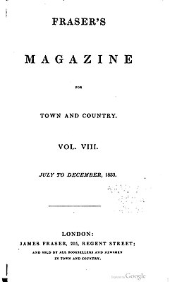 Fraser's Magazine, portada del volumen VIII (julio-diciembre de 1833).  La novela Sartor Resartus de Thomas Carlyle se publicó por primera vez en el número de diciembre.