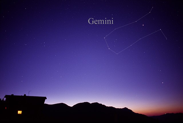 The constellation Gemini as it can be seen with the unaided eye, with added connecting lines.