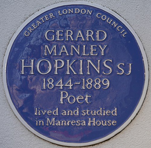 Blue plaque commemorating Hopkins in Roehampton, London