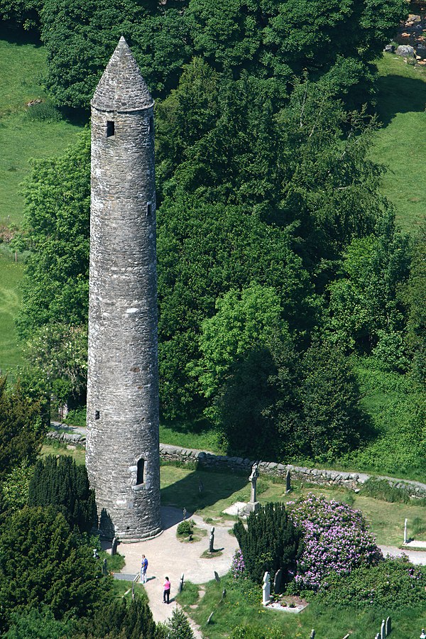 The round tower at Glendalough, Ireland, is approximately thirty metres tall.