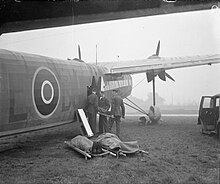 Medical orderlies loading stretcher cases into a Harrow air ambulance of No. 271 Squadron at RAF Hendon, Middlesex, circa 1943 Handley Page Harrow - Royal Air Force Transport Command, 1943-1945. CH11522.jpg