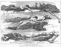 Illustration from Harper's Magazine (1874) of the remains of several men supposedly eaten by Alfred Packer Harpers Illustration 1cropped.jpg