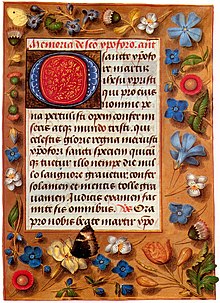 The lavish illusionistic borders of this Flemish book of hours from the late 1470s are typical of luxury books of this period, which were now often decorated on every page. The butterfly wing cutting into the text area is an example of playing with visual conventions, typical of the period.
(Among the plants are the Veronica, Vinca, Viola tricolor, Bellis perennis, and Chelidonium majus. The lower butterfly is Aglais urticae, the top left butterfly is Pieris rapae. The Latin text is a devotion to Saint Christopher). Hastings book of the hours.jpg