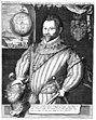 Sir Francis Drake mit Weltkugel im Hintergrund. Kupferstich von Jodocus Hondius.