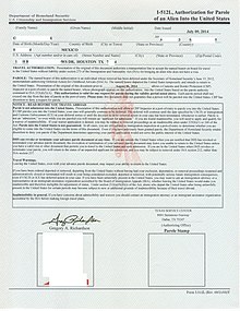 A Form I-512L issued by USCIS in 2014, permitting a U.S. Customs and Border Protection officer to allow the named DACA recipient to enter the United States under the parole authority in the Immigration and Nationality Act.