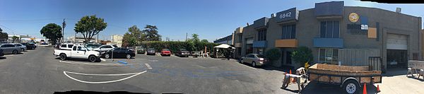 Parking lot and building of the first company headquarters of ILM in Van Nuys, where the special effects of the first Star Wars movie were produced