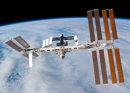 The International Space Station as seen following undocking. The P6 solar array is visible on the right.
