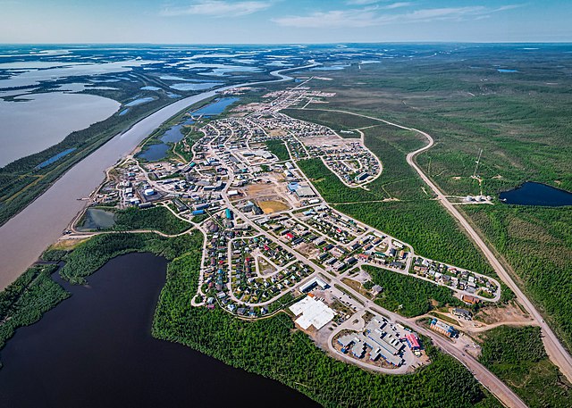 Aerial view of town in 2021