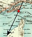 attempt at a locater map for this article. Black indicates intended path and destination / origin. Red symbol indicates area of downing, stated to be 6.5 miles east of Hengham Island (26°37.75′N 56°1′E﻿ / ﻿26.62917°N 56.017°E﻿ / 26.62917; 56.017). [1]