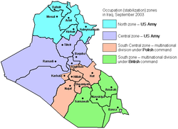 Occupation zones in Iraq in September 2003 Iraq 2003 occupation.png
