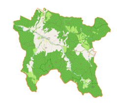 Mapa konturowa gminy Jaśliska, u góry nieco na lewo znajduje się punkt z opisem „Szklary”
