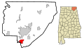 This map shows the incorporated and unincorporated areas in Jackson County, Alabama, highlighting Langston in red. It was created with a custom script with US Census Bureau data and modified with Inkscape.