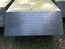 Memorial plate at the Stalinist-era Jaworzno concentration camp (1945-1956) Jaw Pomnik ofiar terroru komunistycznego.JPG