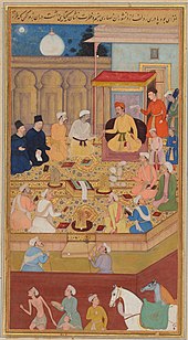 Akbar holds a religious assembly of different faiths in the Ibadat Khana in Fatehpur Sikri. Jesuits at Akbar's court.jpg