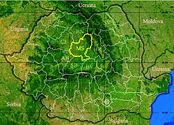 Administrative map of Romania with Mureș county highlighted