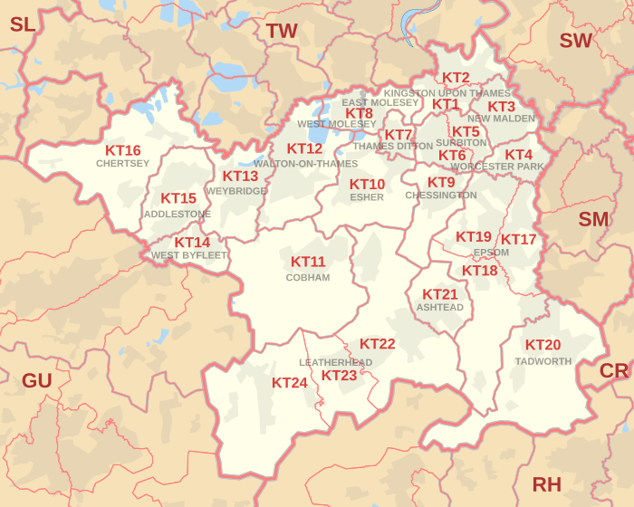 Mapa da área com código postal KT, mostrando distritos com códigos postais, cidades postais e áreas com códigos postais vizinhos.