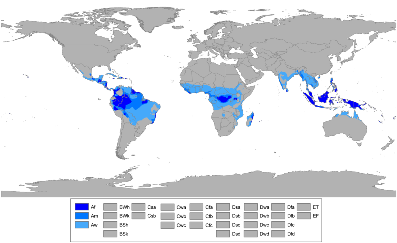 Localización de los climas tropicales por subtipos: *     Af—Clima tropical de selva. *     Am—Clima tropical monzónico. *     Aw—Clima tropical de sabana.