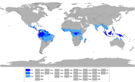 alt=Localización de los climas tropicales por subtipos: *     Af—Clima tropical de selva. *     Am—Clima tropical monzónico. *     Aw—Clima tropical de sabana.