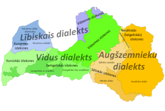 Geographical distribution of the dialects in Latvia. Varieties of the Livonian dialect (Libiskais dialekts) are in blue, the Middle dialect (Vidus dialekts) in green, the Upper dialect (Augszemnieku dialekts) in yellow. Latvaldialekti.svg