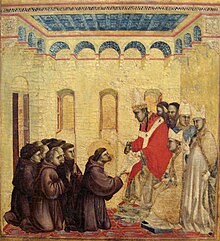 Pope Innocent III approving the statutes of the Order of the Franciscans, by Giotto, 1295-1300 Legend of St. Francis by Giotto.jpg