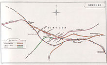 A 1908 Railway Clearing House Junction Diagram showing railways in the vicinity of Lincoln; Pyewipe Junction is in the upper left corner Lincoln RJD 41.jpg