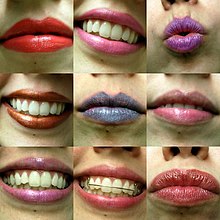 Lips with various shades of lipstick applied. Lipsticks.jpg