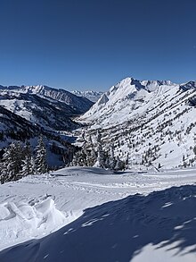 Perto do topo do Little Cottonwood Canyon olhando para o oeste