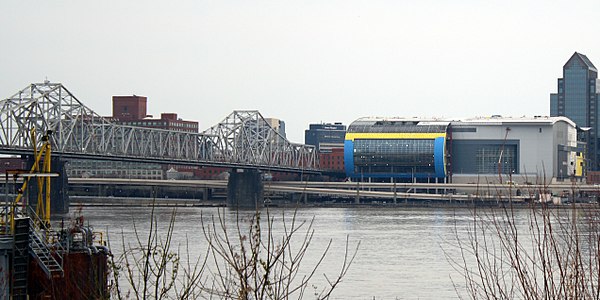 The arena seen from the Ohio River, with Clark Memorial Bridge to the left