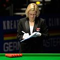 Deutsch: Bild aufgenommen in Berlin während des German Masters im Snooker 2015. Maike Kesseler. English: Picture taken in Berlin during the Snooker German Masters in 2015. Maike Kesseler.