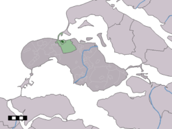 Schouwen-Duiveland munitsipalitetidagi Sharendijke shahar markazi (to'q yashil) va statistik tuman (och yashil).