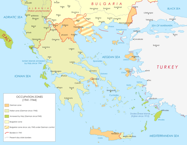 Тэрыторыя Грэцыі, падзеленая на 3 акупацыйныя зоны