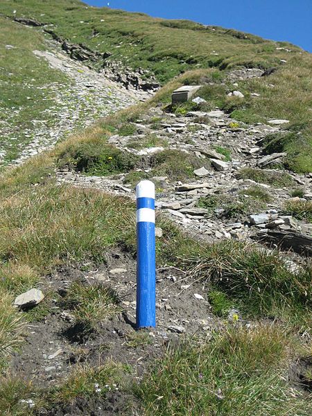 Sign on the alpine route at Piz Uccello, Switzerland